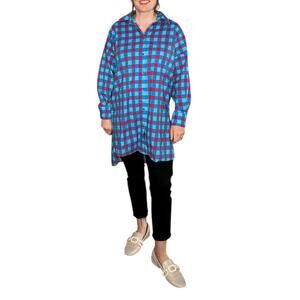 DESIGUAL X STELLA JEAN Oversized Pink Blue Plaid Long Sleeve Button Down Shirt S